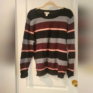 Striped Crew Neck Sweater in Black Dark Gray Light Gray and Coral